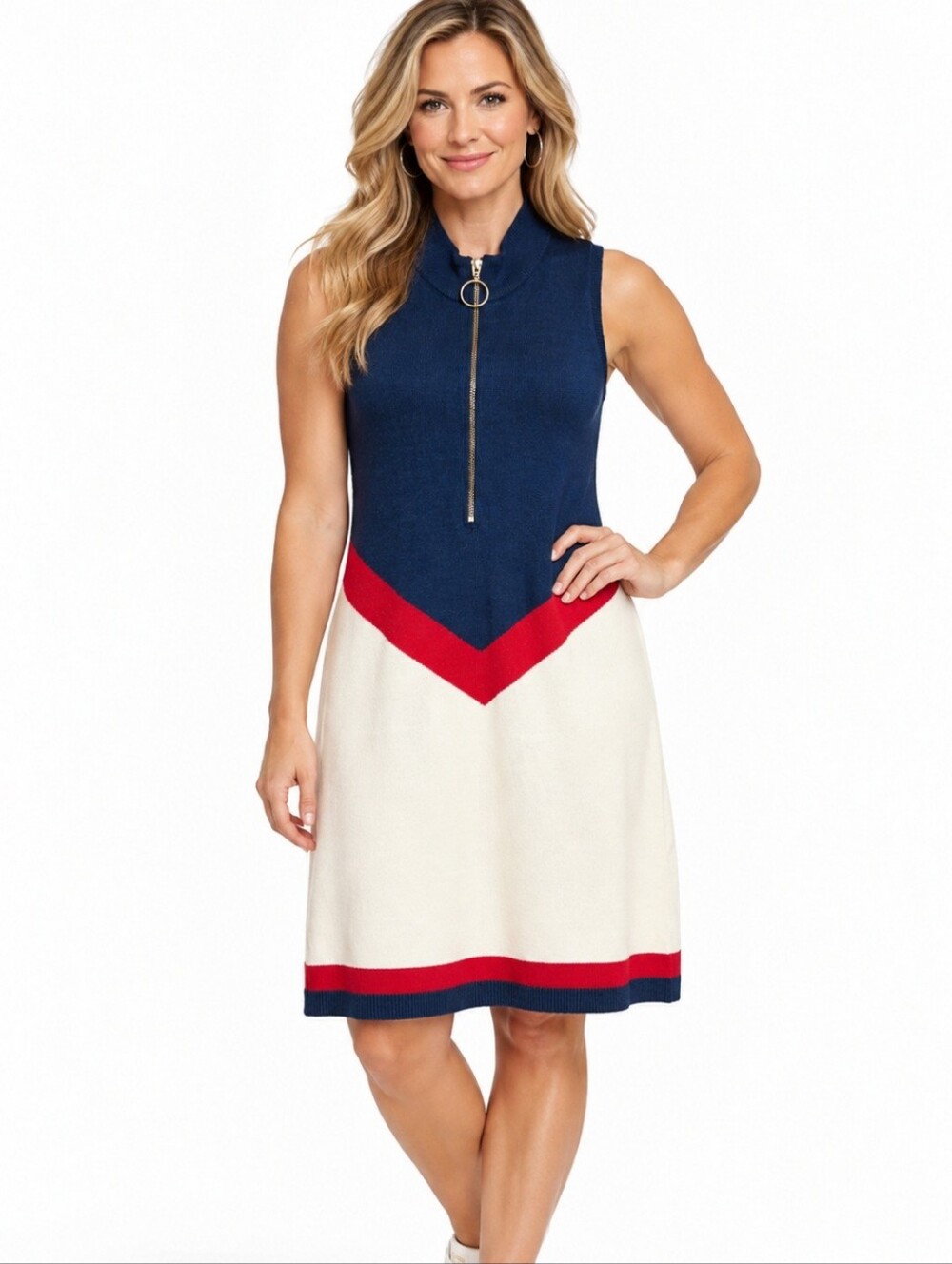 Show Me Your Mumu Zoe Zip Dress SZ Large Chevron Knit Red White Blue Sleeveless
